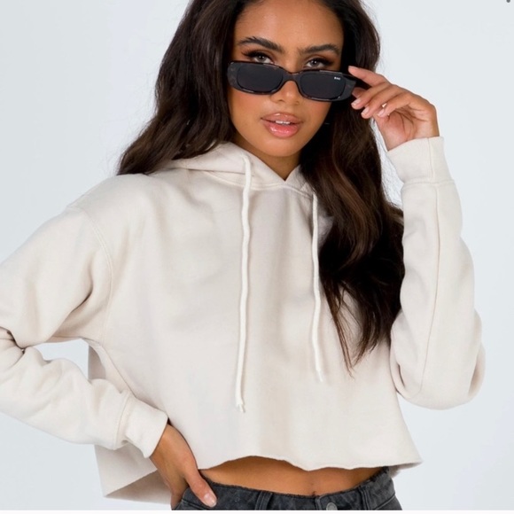 Princess Polly Dolfi Cropped Hoodie in Stone - Picture 1 of 7